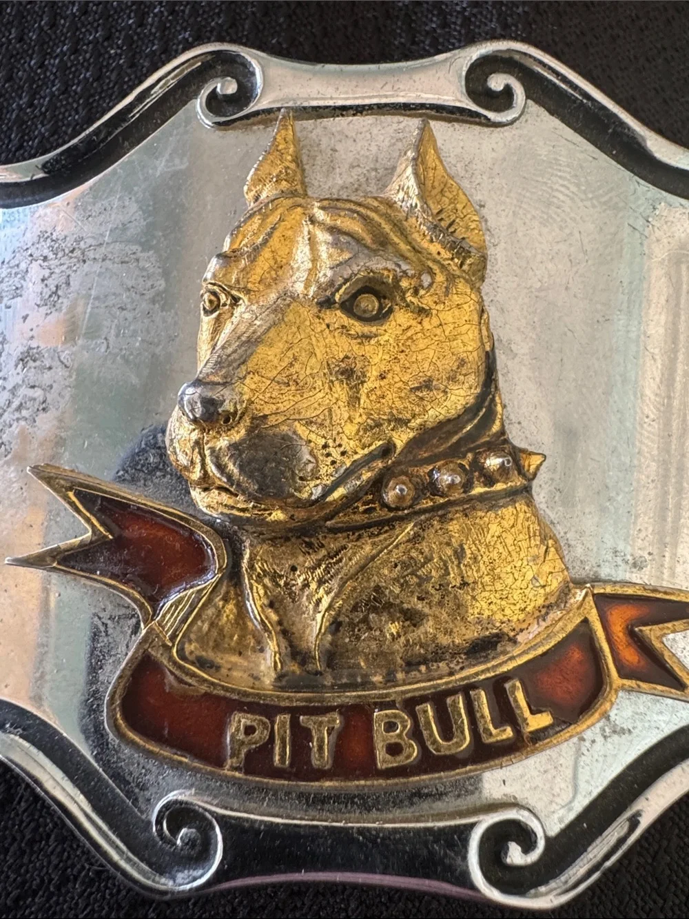 Pit Bull Themed Metal Belt Buckle - Gold & Red Accents